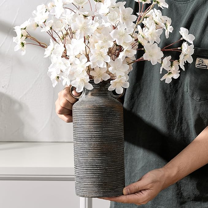 Ceramic Rustic Vase with 2 Round Handles, Antique Farmhouse Flower Vase, Vintage Terracotta Vases for Home Decor, Wedding, Living Room, Table, Shelf Decor - 10.2 Inch Tall, Black Bronze