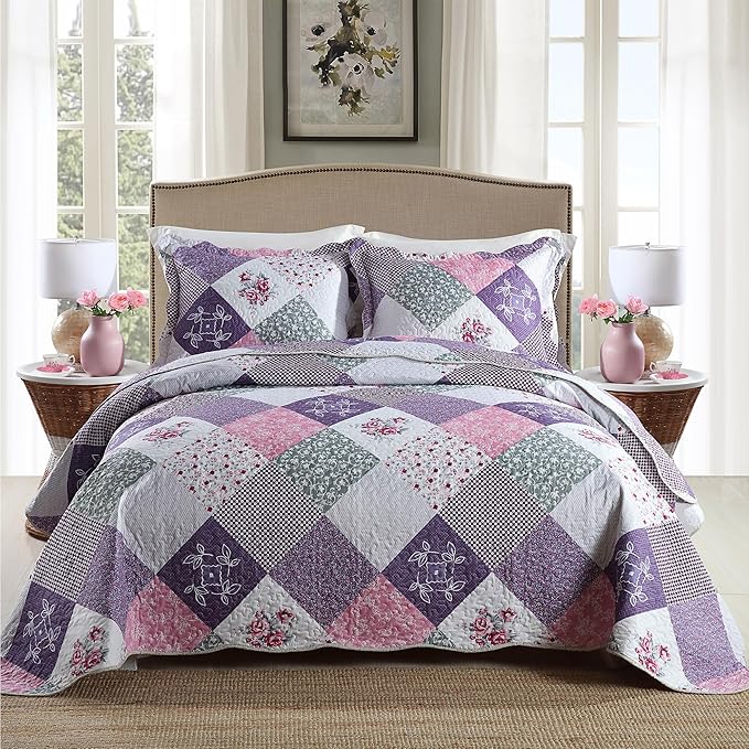 HoneiLife Quilt Set Twin Size - 2 Piece Microfiber Quilts Reversible Bedspreads Patchwork Coverlets Floral Bedding Set All Season Quilts with Geometric and Little Rose Print Pattern，Purple