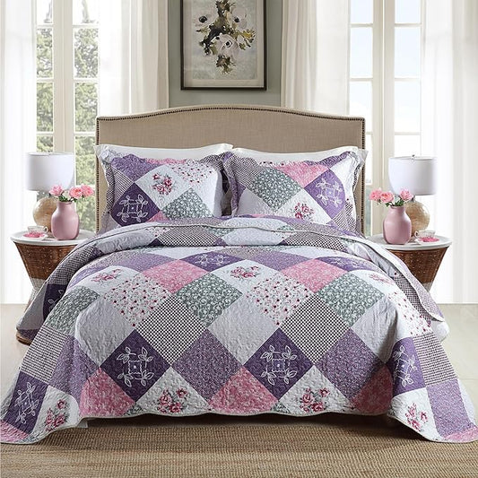 HoneiLife Quilt Set Queen Size - 3 Piece Microfiber Reversible Bedspreads Patchwork Coverlets Floral Bedding Set All Season Quilts with Geometric and Little Rose Print Pattern