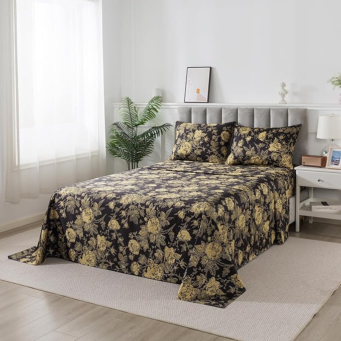 FADFAY Rose Sheets Set Full Vintage Black Gold Floral Bedding Shabby Peony Botanical Sheets Luxury Farmhouse Bedding 800 Thread Count 100% Egyptian Cotton Deep Pocket Fitted Sheet 4Pcs, Full Size