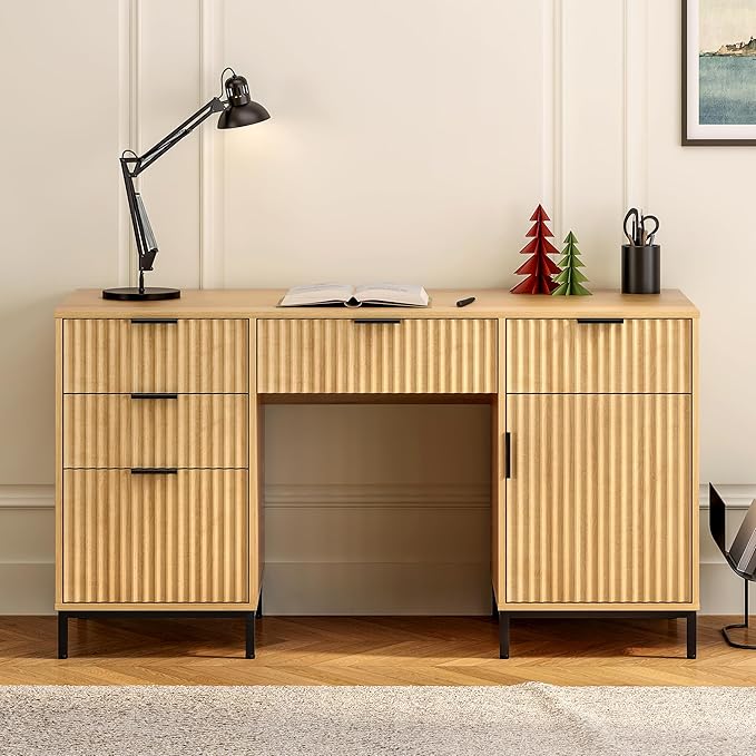 55" Fluted Executive Desk, Modern Home Office Desk with Charging Station, Keyboard Tray, File Drawer, Storage Cabinet for Work Study Writing Desk, Natural Oak