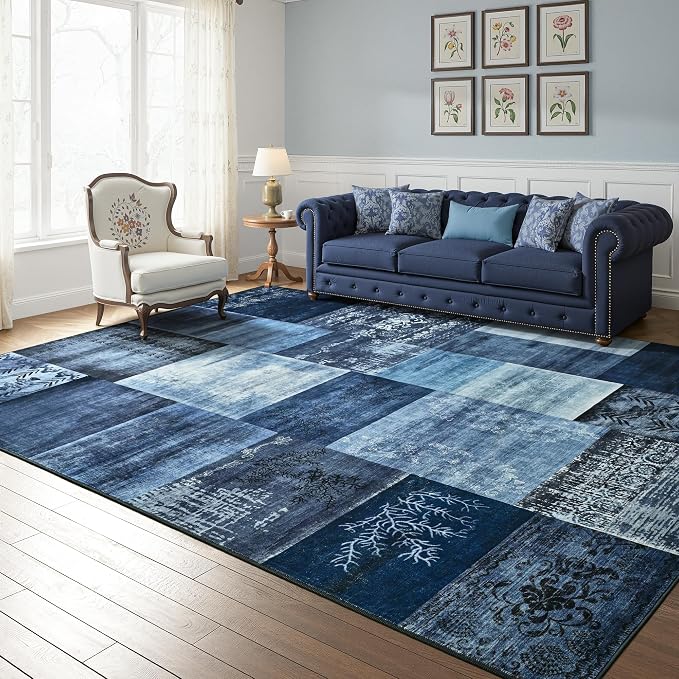 Tepook 9x12 Blue Area Rugs for Living Room, Modern Large Geometric Rug for Bedroom, Washable Patchwork Rug Indoor Non Slip Throw Carpets for Dining Room Office Farmhouse Home Decor