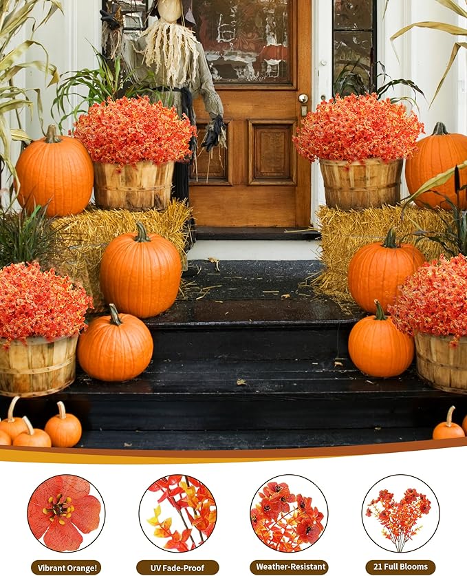 Artificial Fall Flowers Faux Mums for Outdoor Planters,Orange Red 16 Bundles Silk Fake Plants UV Resistant for Outside,Autumn Decorations for Porch,Pot,Window Boxes,Front Yard,Thanksgiving Home Decor
