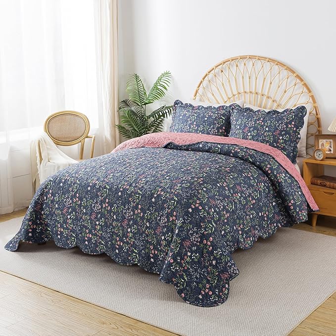 HoneiLife Queen Quilt Bedding Set - Floral Quilt Sets for Queen Bed, 3-Piece Wildflower Bedspreads,Botanical Coverlets Bed Cover, Microfiber Bedding Set All Season Quilts-Flower Sea