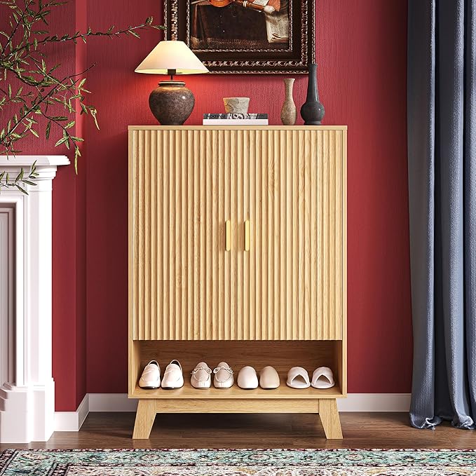 BOXACTION 4-Tier Fluted Shoe Cabinet with 2 Doors & Open Shelf, Mid Century Modern Shoe Storage Organizer with Adjustable Shelves, Metal Handles & Wood Legs, Hidden Shoe Rack for Entryway, Hallway