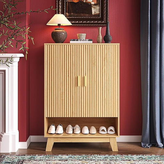 BOXACTION 4-Tier Fluted Shoe Cabinet with 2 Doors & Open Shelf, Mid Century Modern Shoe Storage Organizer with Adjustable Shelves, Metal Handles & Wood Legs, Hidden Shoe Rack for Entryway, Hallway