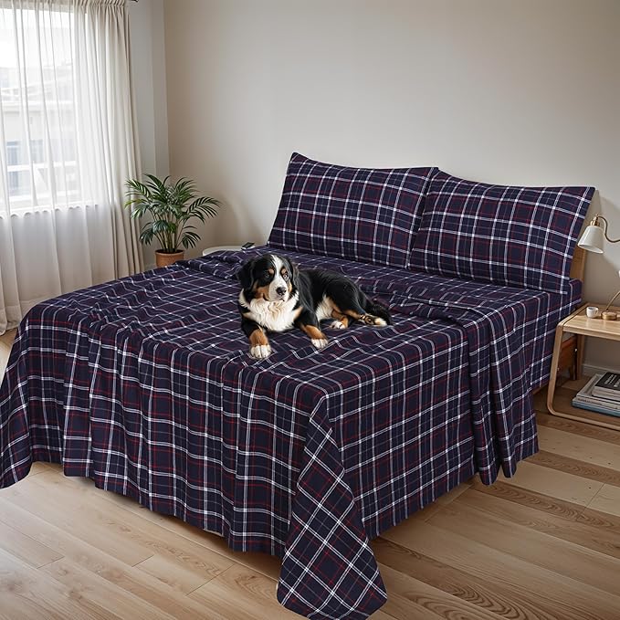RUVANTI Flannel Sheets California King Size - 100% Cotton Brushed Cal King Bed Sheets Set - Deep Pockets 14 Inches - All Seasons Breathable & Extra Soft - Warm & Cozy, 4 Piece, Yankees Blue
