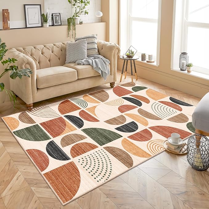 MUJOO Boho Rug Washable,4x6.5 Area Rugs for Bedroom Living Room Bedside Office,Throw Floor Carpet Non Slip Soft Indoor Modern Abstract Bohemian Terracotta