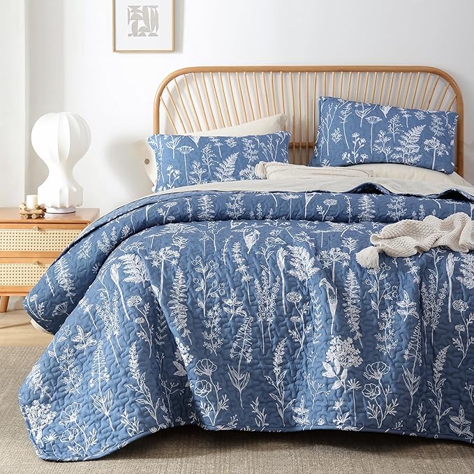 JANZAA Quilts Queen Size Infinity Blue Floral Queen Quilt Bedding Set Microfiber Boho Bedspread Lightweight Reversible Coverlet with 2 Pillowcases