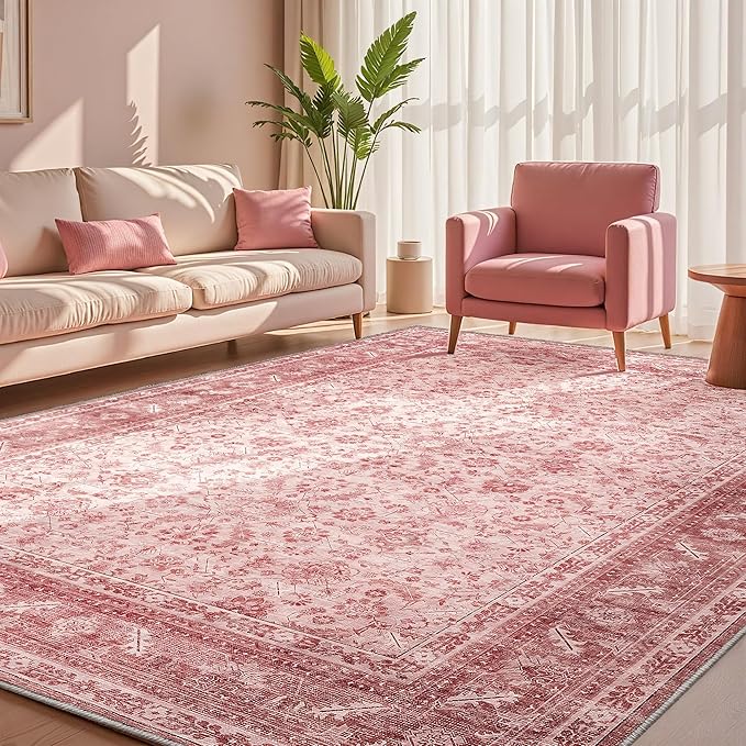 OPPODREAM Vintage Pink Area Rugs 4x6, 4 x 6 Retro Washable Rug Non Slip, Low-Pile Faux Wool Carpet, Distressed Floor Mat for Living Room, Bedroom, Kitchen, Office, Dorm, Dinning Room