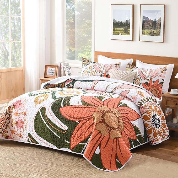 Andency Floral Boho Quilt Super King Plus Size Bedding Set Pink, 3 Pieces Farmhouse Flower Botanical Summer Bedspreads with 2 Shams, Soft Reversible Microfiber Coverlet Set for All Season, 128"x120"