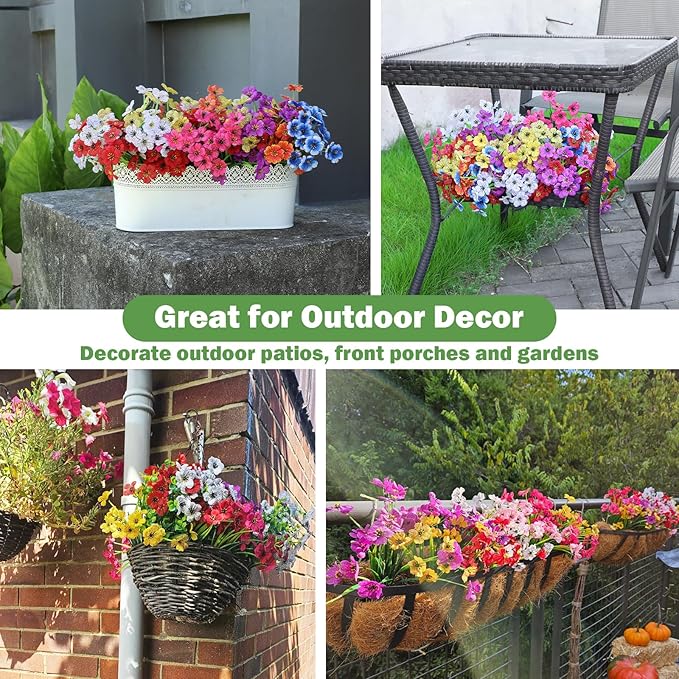 Nepfaivy Fake Outdoor Flowers Uv-Resistant - 24 Bundles 6 Colors Realistic Artificial Flowers, Plastic Faux Flowers for Outdoor Planters, Silk Fake Flowers for Outside to Decor Patio Porch Garden Yard