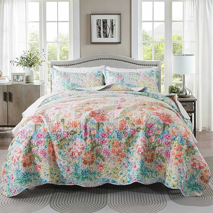 HoneiLife King Quilt Bedding Set - Floral Quilt Sets 3-Piece,Wildflower Bedspreads for King Bed, Microfiber Coverlets Botanical Bed Cover Quilt King Size All Season Quilts-Dream Garden,Coral Pink