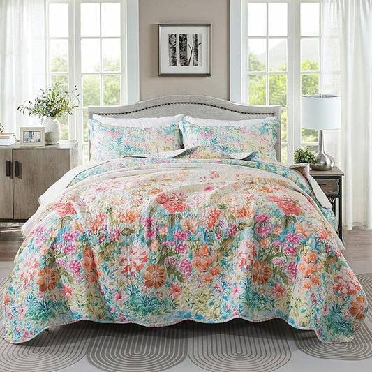 HoneiLife King Quilt Bedding Set - Floral Quilt Sets 3-Piece,Wildflower Bedspreads for King Bed, Microfiber Coverlets Botanical Bed Cover Quilt King Size All Season Quilts-Dream Garden,Coral Pink