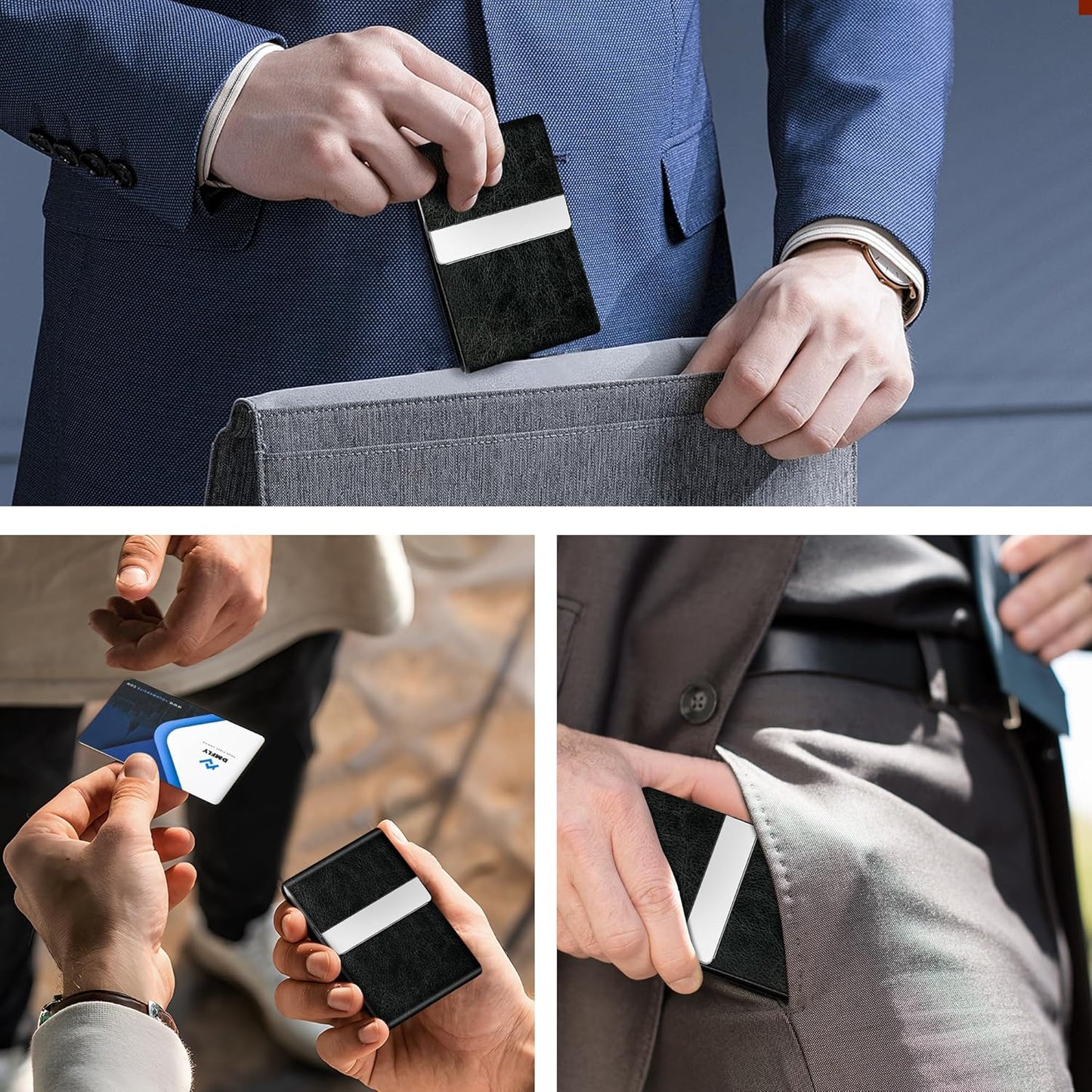 Skiennix Business Card Holder - Slim PU Leather & Stainless Steel Case with Magnetic Closure | Unisex Design