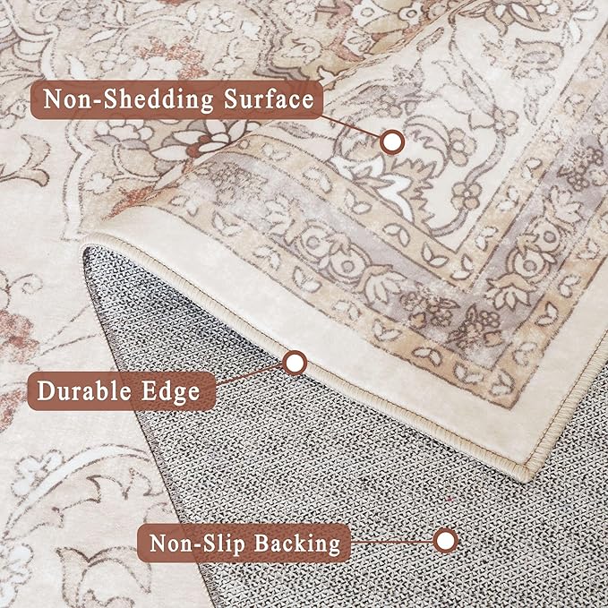 vivorug 8x10 Neutral Area Rugs for Living Room, Non-Slip Backing Washable Rug 8x10, Beige Large Area Rug Soft Carpet for Bedroom Dining Room, Vintage, Easy Clean, Durable, Low Pile Rug Under Table