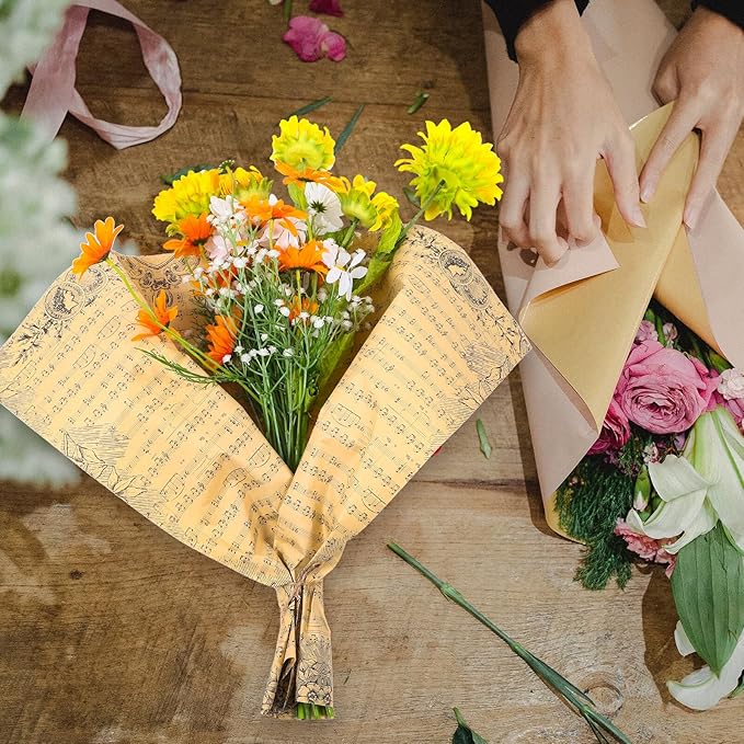 NIYANGLE 20 Sheets Vintage Floral Bouquet Wrapping Paper with Musical Notes Retro Wrap for Flowers and Festival Decorations Natural Dark Typography Kraft Paper for Elegant Bouquet