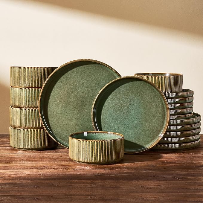 Stoneware Plates and Bowls Dishes Sets Service for 6 (18-Piece), Famiware Premium Handcrafted Reactive Glaze Dinnerware Set with Raised Rim, Scratch Resistant, Microwave Dishwasher Safe, Moss