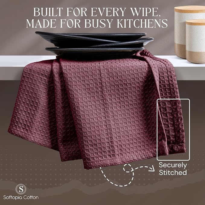 Burgundy Kitchen Towels – Waffle Weave, 100% Cotton, Soft & Absorbent, Fast Dry, Durable, 16x26 Inches, Perfect for Dish Drying, Bar, Cleaning, Hand Wipe and Everyday Use, Set of 4