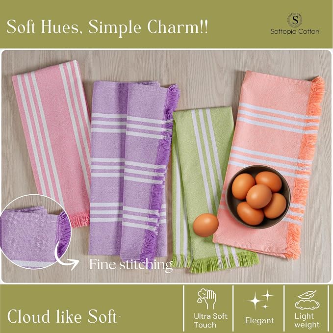 Multi Color Kitchen Towels 4 Pack, 16x26 Inches, Striped Tea Towels, Quick Dry Dishcloth, Absorbent Cleaning Rags, Washable Kitchen Cloths - Rose Pink, Lavender, Green, Orange