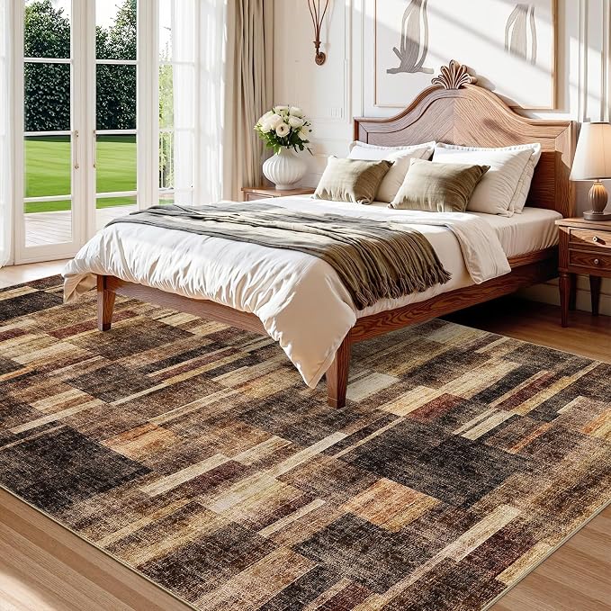 Large Living Room Area Rug 8x10 - Machine Washable Modern Rugs Geometric Brown Rug Non Slip Non-Shedding Low Pile Farmhouse Carpet for Bedroom Nursery Classroom Dorm 8'x10' Brown