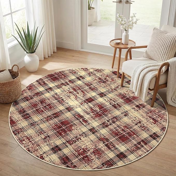Tartan Plaid Round Rugs 5Ft Washable Area Rug for Playroom, Kids Non-Slip Neutral Classic Circle Rug Modern Large Carpet Soft Boys Rug for Classroom Dorm Bedroom, Red