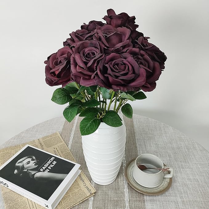 ATFL Burgundy Roses,12 Pcs Burgundy Artificial Flowers,Flower Diameter 4'',Autumn Silk Floral Fake Roses with Stems for Wedding Arrangement Centerpieces Party Home Table Decorations