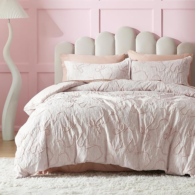 Bedsure Pink Duvet Cover Queen Size with Bowknot Jacquard Design, Soft and Elegant Boho Bedding Set, Luxurious Craftsmanship for a Stylish Bedroom,Includes 1 90"x90" Duvet Cover & 2 Pillow Shams