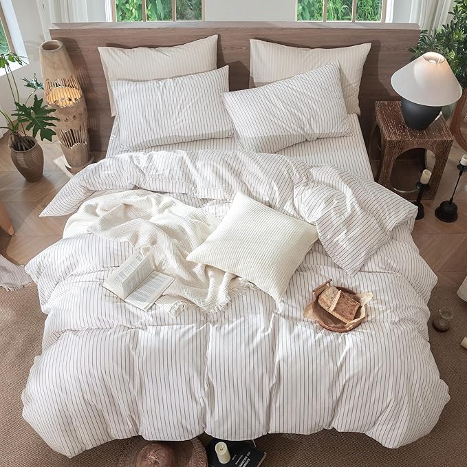 MooMee Striped Duvet Cover Set 100% Washed Cotton Linen Like Textured Breathable Durable Soft Comfy (White Orange Wide Stripes, Queen 90"x90")