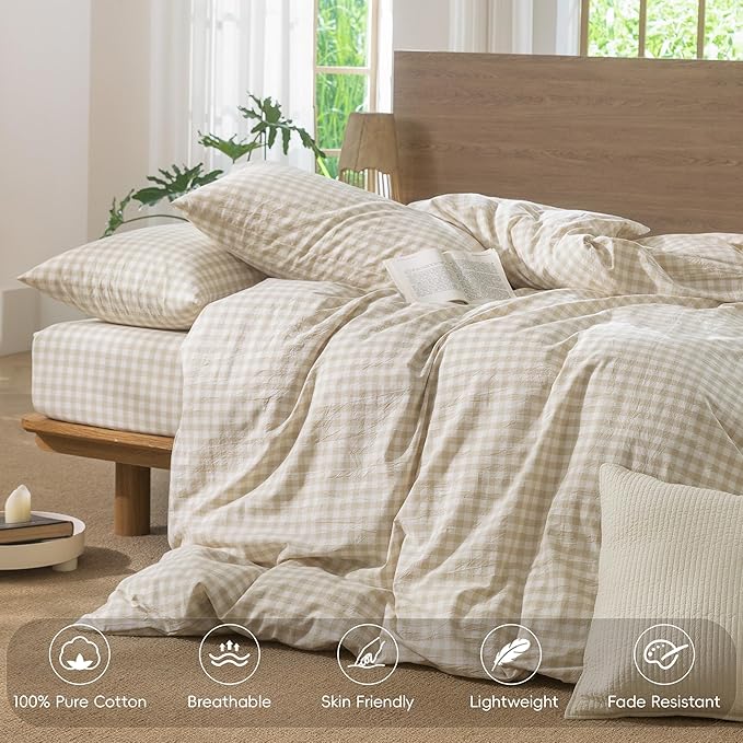 MooMee Gingham Duvet Cover Set 100% Washed Cotton Linen Like Textured Breathable Durable Soft Comfy Modern Checkered Design (Almond Milk Grey Gingham, Twin 68"x90")