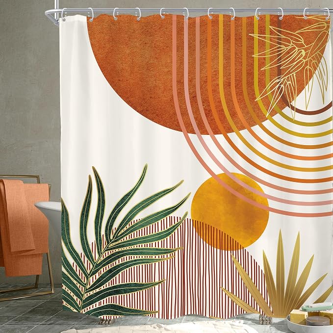 KOMLLEX Mid Century Orange Boho Shower Curtain for Bathroom Decor 72Wx78H Inches Abstract Retro Gold Modern Contemporary Bohemian Arch Simple Plant Fabric Waterproof Polyester 12 Pack Hooks Pack Hooks