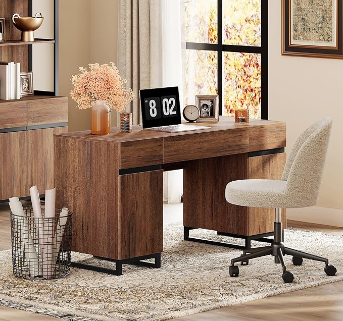 WAMPAT 59" Modern Executive Desk with Drawers, Home Office Computer Desk with Charging Station, File Drawer, Storage Cabinet, Wood Writing Desk for Work and Study, Dark Brown