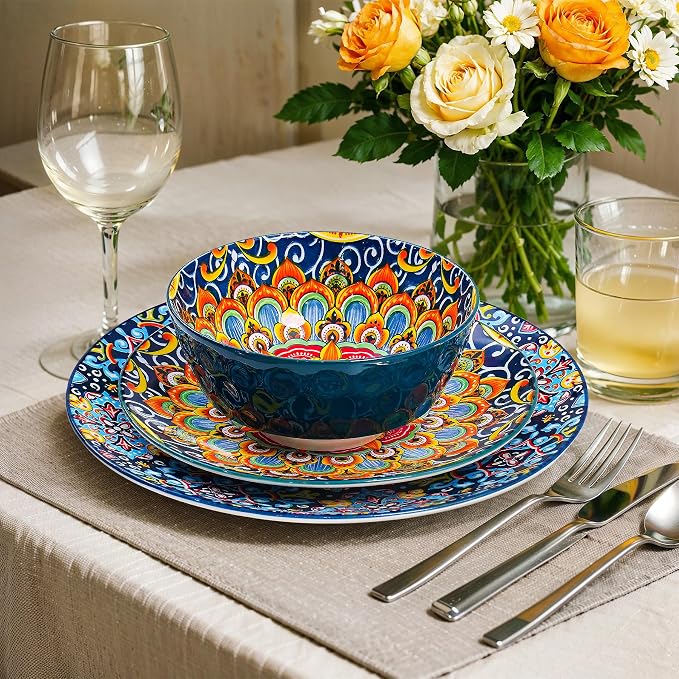 18 Pieces Dinnerware Sets, Porcelain Dishes Set for 6, Microwave and Dishwasher Safe, Scratch Resistant, Bohemian Style Plates and Bowls Set, Service for 6