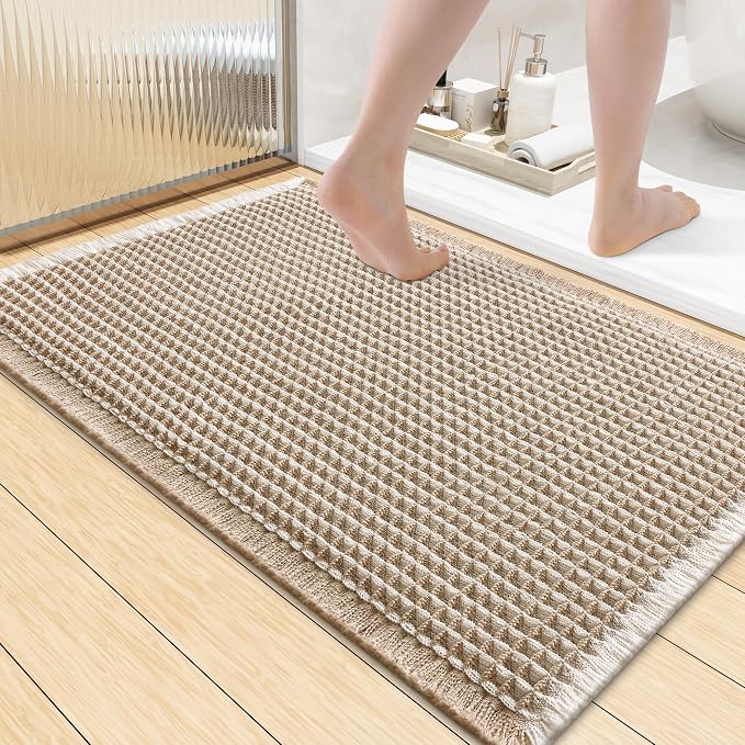 Smiry Waffle Bath Mat 36x24, Extra Soft Absorbent Bathroom Rugs, Non Slip Machine Washable Quick Dry Bath Rugs for Bathroom Floor, Tub, Shower, Home Decor Accessories, Brown & Cream