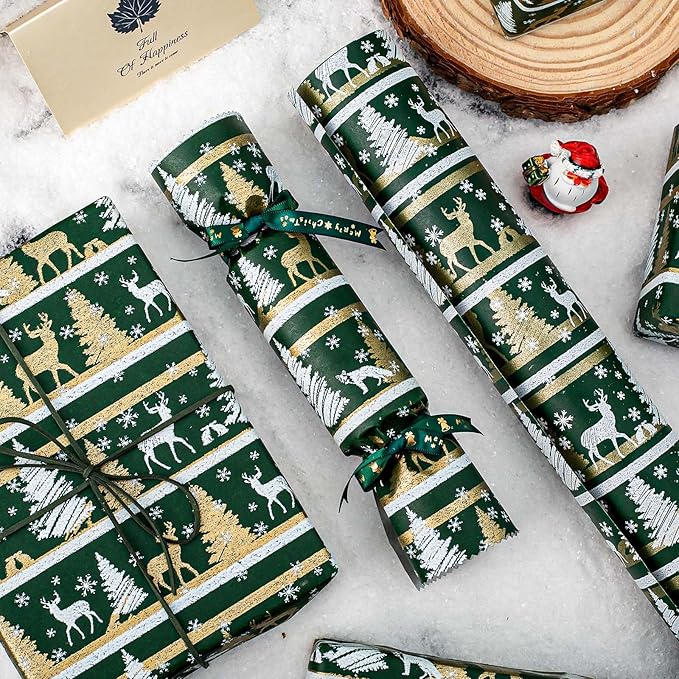 Yarcony Kraft Christmas Wrapping Paper, Green Wrapping Paper, Luxury Faux Sparkle Christmas Trees Reindeer Snowflake Heavy Duty Kraft Gift Wrap for Holidays, Winter Solstice (17 Inch X 33 Feet)