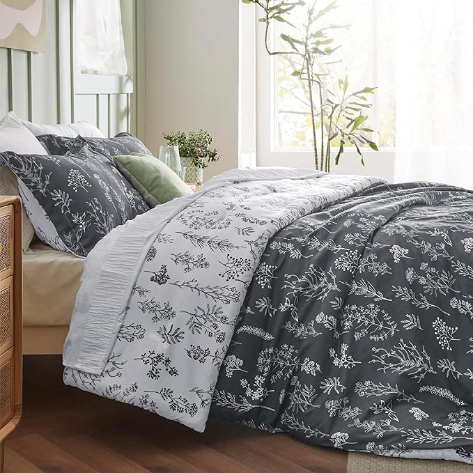 Bedsure Duvet Cover Queen Size - Reversible Dark Grey Queen Duvet Cover Set with Zipper Closure, 3 Pieces Floral Patterned Bedding Set with 8 Corner Ties and 2 Pillow Shams