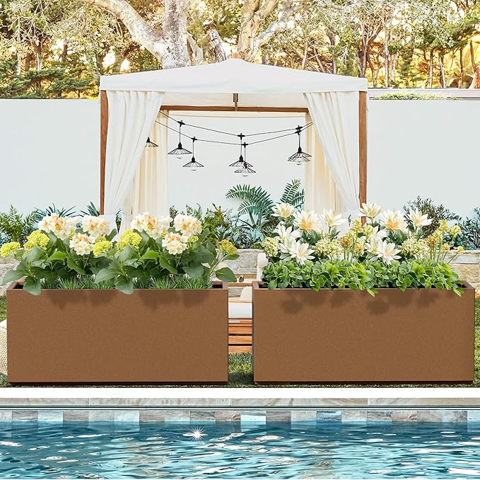 Metal Planter Box Rectangular Planter Box with Drainage Hole, Outdoor Large Planters, All-Weather Use, Rust-Resistance, for Flowers Plants, 38" L × 15" W × 16.3" H, Brown