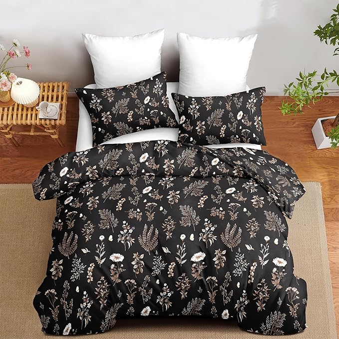 Nayoroom Black Floral Duvet Cover Queen Size Cottagecore Botanical Flower Duvet Cover 3 Pieces Soft Lightweight Aesthetic Bedding Set with Zipper Closure