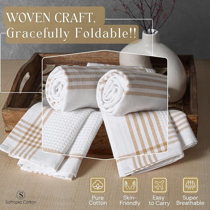 Waffle White & Beige Kitchen Dish Towels 4 Pack, 100% Cotton, 16x26 inches, Durable Dish Cloths Set, Quick Dry Kitchen Rags, Everyday Use Cooking and Cleaning Hand Towels, Bar Towel