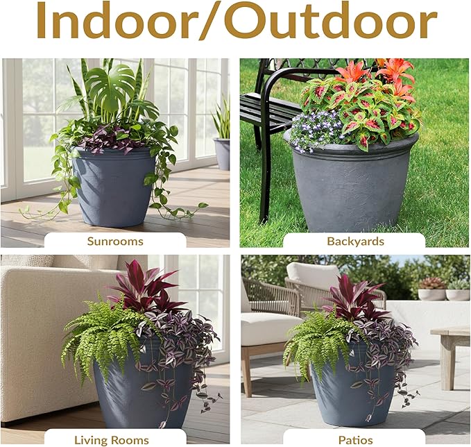 Sunnydaze 20-Inch Anjelica Large Plastic Pot for Plants - Double-Walled Outdoor Polyresin Round Planter Porch Pot with Drillable Drainage Holes - Slate - 2pk