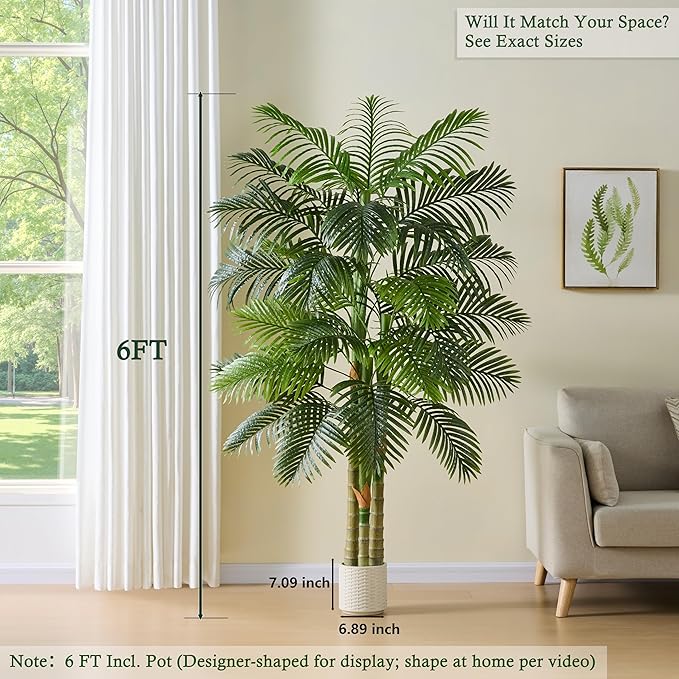 Artificial Golden Cane Palm Tree：6T Fake Large Tropical Areca Palm Trees Tall Faux Silk Plant in White Pot with Realistic Triple Textured Trunks for Office Outdoor Home Decor Hotel Patio Lobby