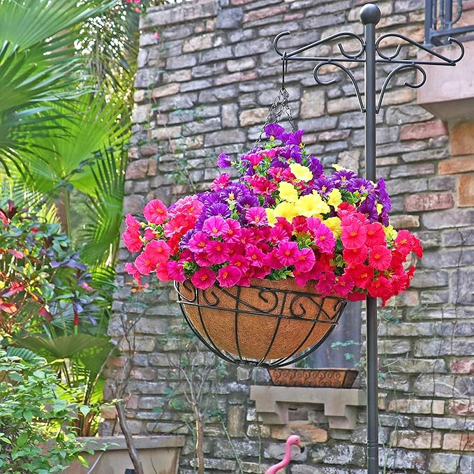 16PCS Artificial Fake Outdoor Flowers Plants, Faux Silk Realistic Morning Glory Floral Arrangement Planter UV Resistant for Porch Patio Window Box Balcony Garden Decor (Eucalyptus 4 Colors)