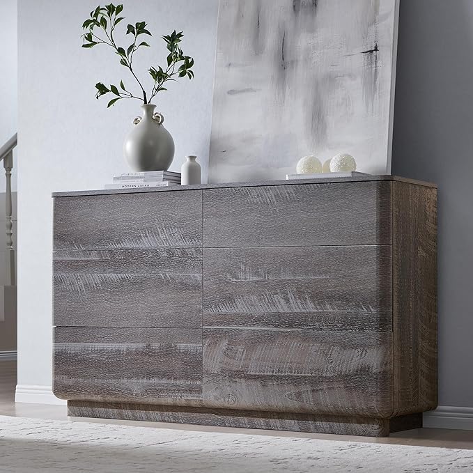 ACCOHOHO Modern 6 Drawer Dresser for Bedroom, 52" Wide Wooden Dressers with Large Storage,Handleless Chest of Drawers TV Stand for Living Room & Hallway, Curved Profile Design, Grey