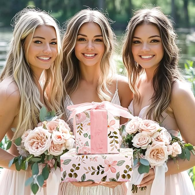 BIOBROWN Reversible Floral Wrapping Paper Roll - 30 Inches X 33 Feet (82.5 sq. ft. ttl.) Pink Watercolor Roses Design Flower Gift Wrap for Wedding, Bridal Shower, Mother's Day