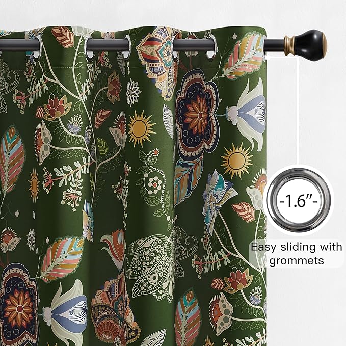 XiDi Green Floral Curtains 108 Inches Long 2 Panels Vintage Patterned Blackout Curtains for Living Room Thermal Insulated Grommet Luxury Cottage Core Botanical Printed Drapes Moss Green 52x108
