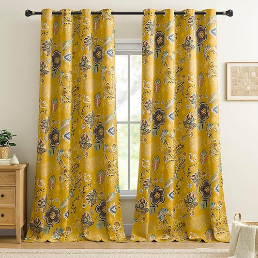 XiDi Vintage Floral Patterned Curtains Blackout 102 Inches Long 2 Panels for Bedroom Thermal Insulated Luxury Curtains with Botanical Leaf Printed Design Grommet Drapes Mustard Yellow 52x102