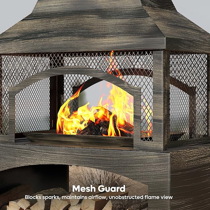 Bestier 37" Fire Pits, Outdoor Wood Burning Fireplace for Outside, Rectangular Chiminea Firepits with Poker, Wood Storage, Rain Cover and Removable Fire Grill for Patio, Garden, Backyard, Camping