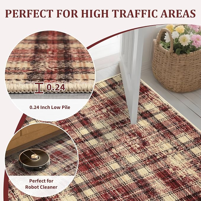 Washable Runner Rug 2x8 Modern Christmas Entryway Rug Tartan Plaid Non Slip Kitchen Rugs Rustic Bedroom Area Rug Hallway Runners Soft Carpet Bath Mat Stain Resistant Throw Rugs for Laundry Red