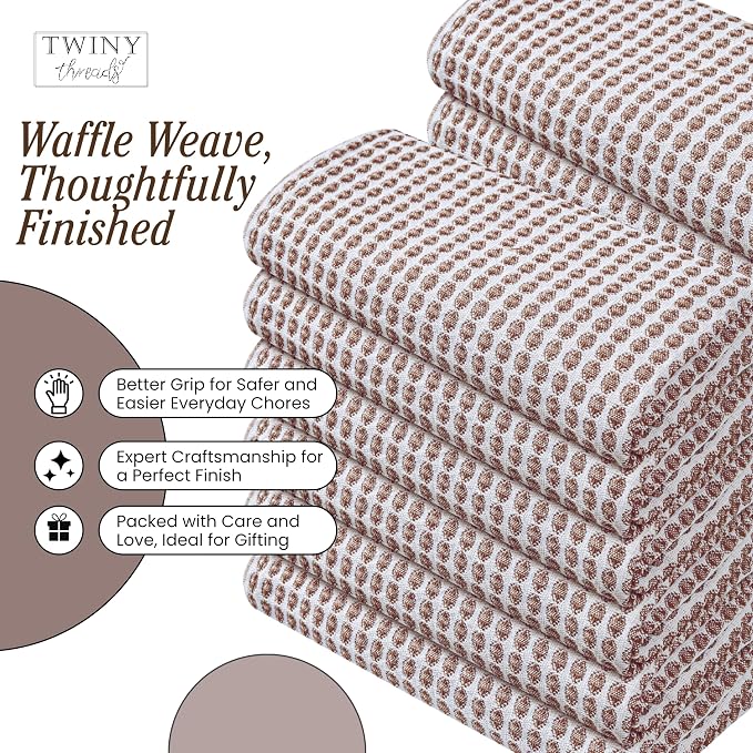 TWINY threads 4 Pack Honeycomb Circle Waffle Dish Towels 16x26 Inches, 100% Cotton, Durable, Thick, Waffle Weave Tea Towels, Great for Handling Hot Pots, Heavy Cleaning, Brown