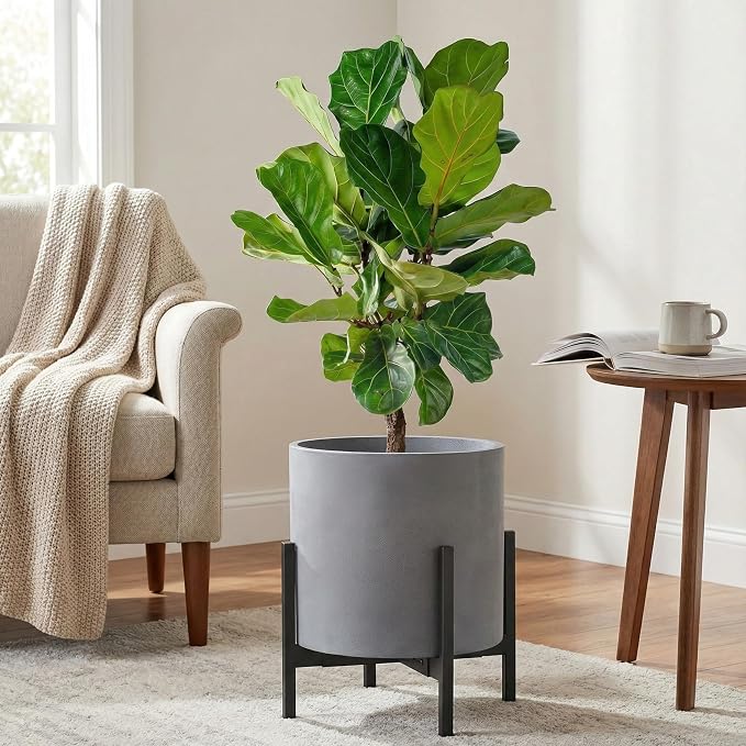 FaithLand 14 Inch Fiberstone Planter - Lightweight Modern Cylinder Plant Pot with Drainage Hole & Plug, Authentic Concrete Look, Gray
